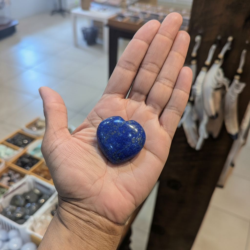 A polished Lapis Lazuli heart crystal held in an open hand, showing its size and natural blue-and-gold variation.