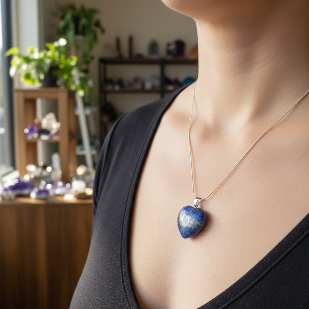 Lapis Lazuli heart pendant displayed in a styled setting