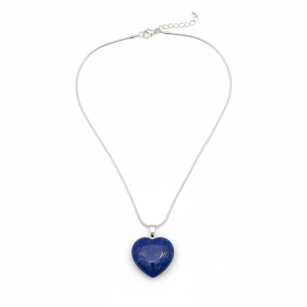 Blue Lapis Lazuli heart pendant with chain on a white background