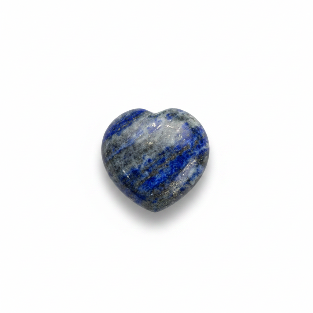 Polished deep blue Lapis Lazuli heart crystals with natural gold-colored flecks on a clean white background.