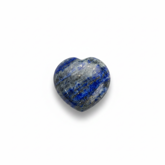 Polished deep blue Lapis Lazuli heart crystals with natural gold-colored flecks on a clean white background.