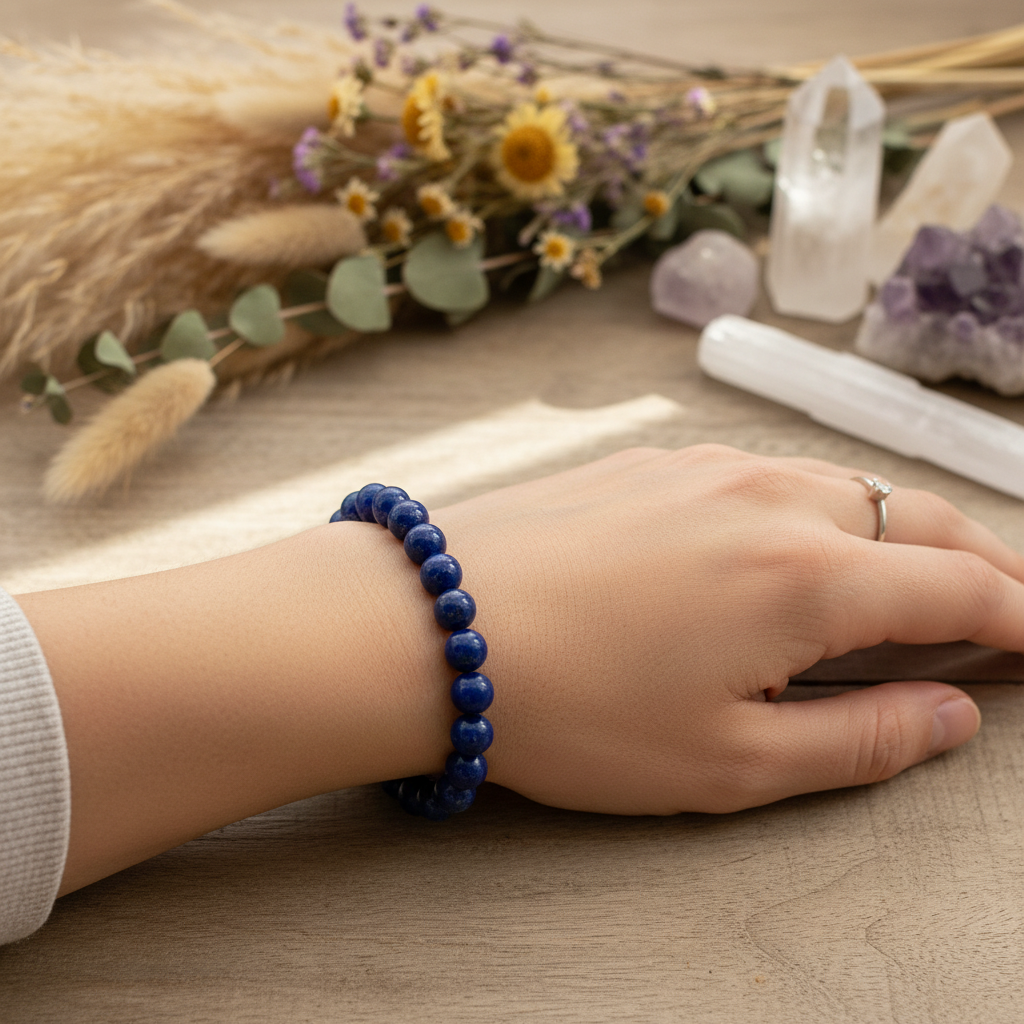 Lapis Lazuli 8mm bracelet worn on wrist in natural light setting with crystals and botanicals — Prana Blessings