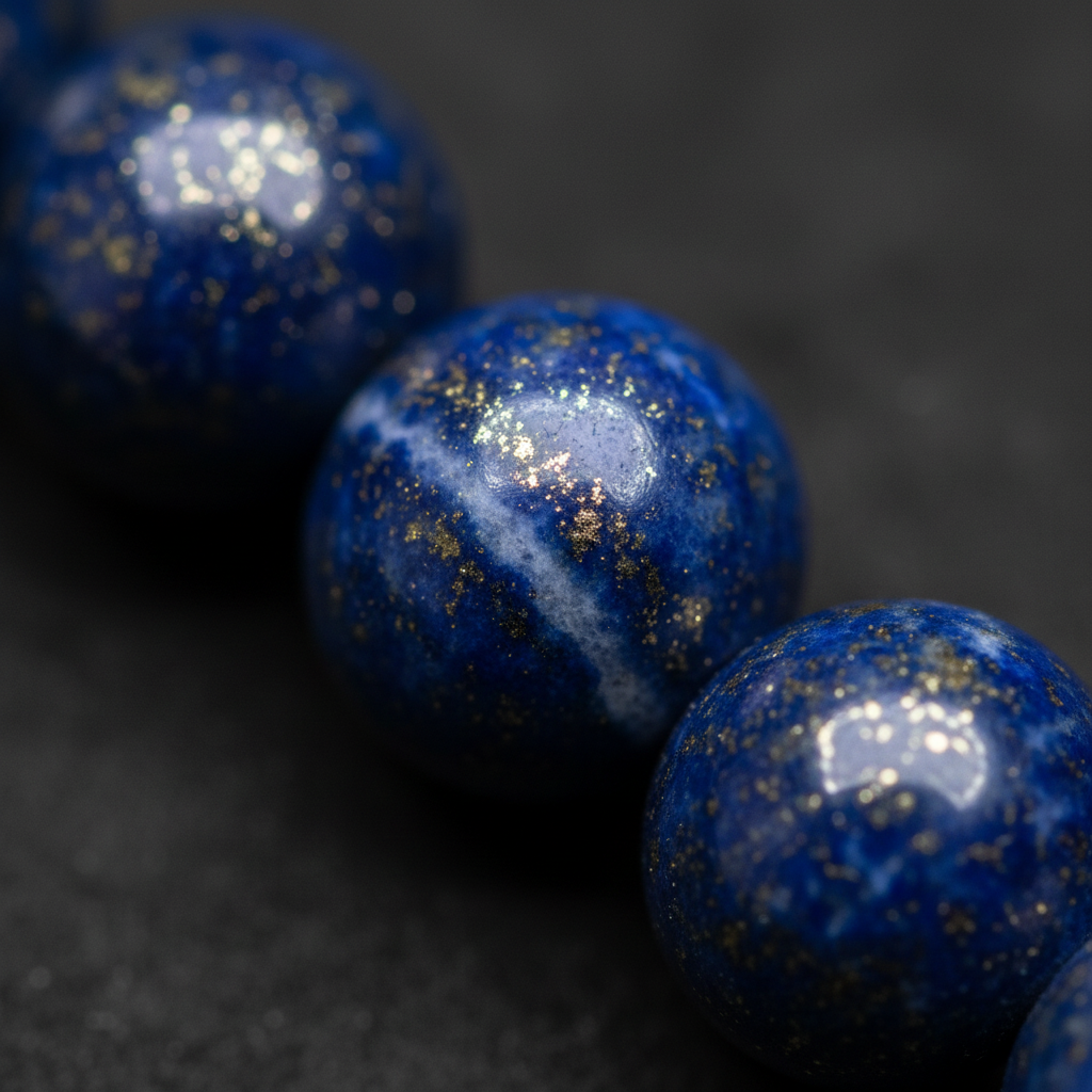 Close-up of Lapis Lazuli 8mm bracelet beads showing deep blue stone with golden pyrite flecks — Prana Blessings