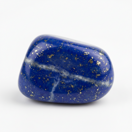 A polished lapis lazuli tumbled stone of deep royal blue with fine metallic gold flecks and a white veining pattern, shown on a clean white background.