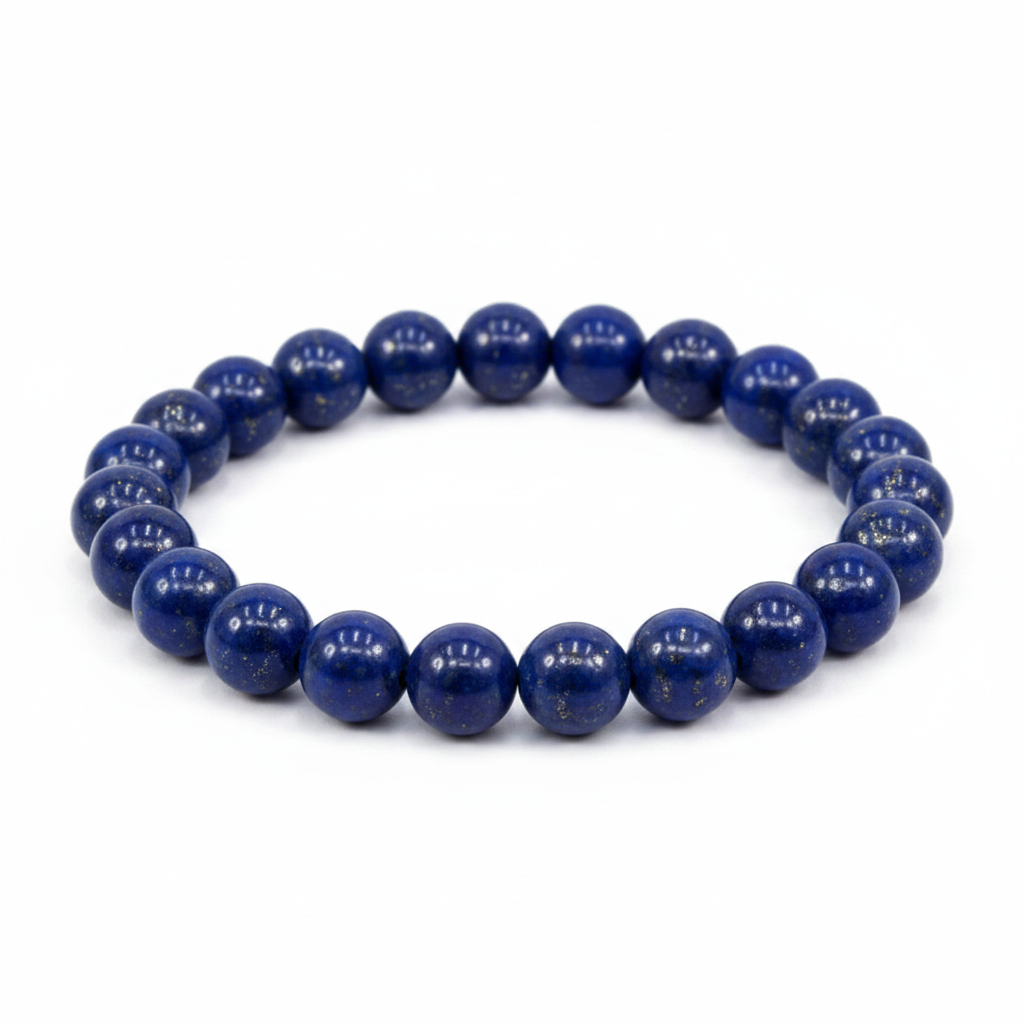 Lapis Lazuli 8mm beaded bracelet on white background — deep blue natural stone crystal bracelet by Prana Blessings
