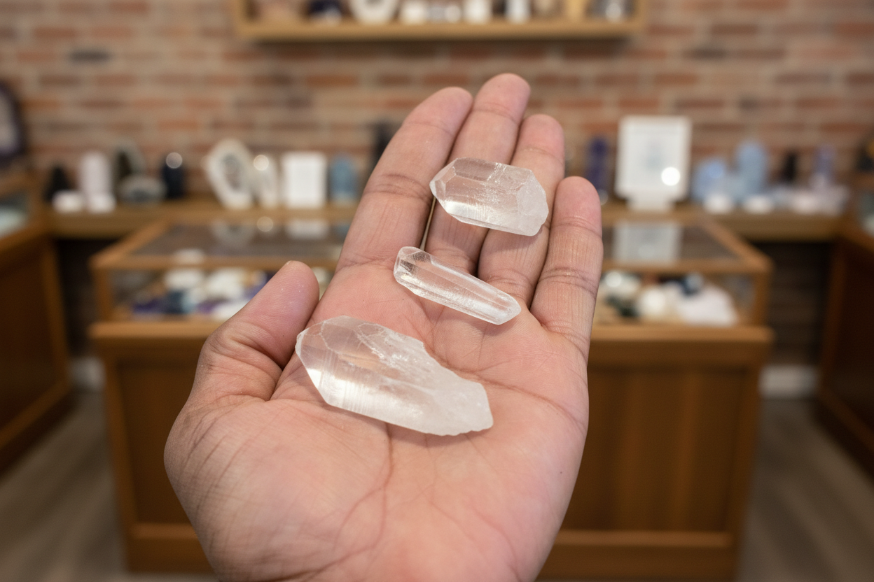 Lemurian Crystal Points 1" - 3" held in hand to show approximate scale