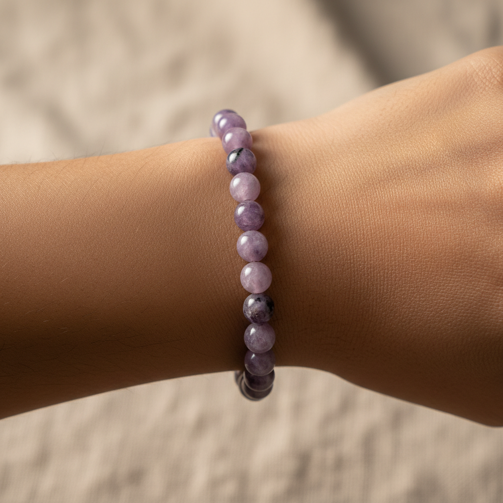 Lepidolite 8mm stretch bracelet displayed in a calm lifestyle setting