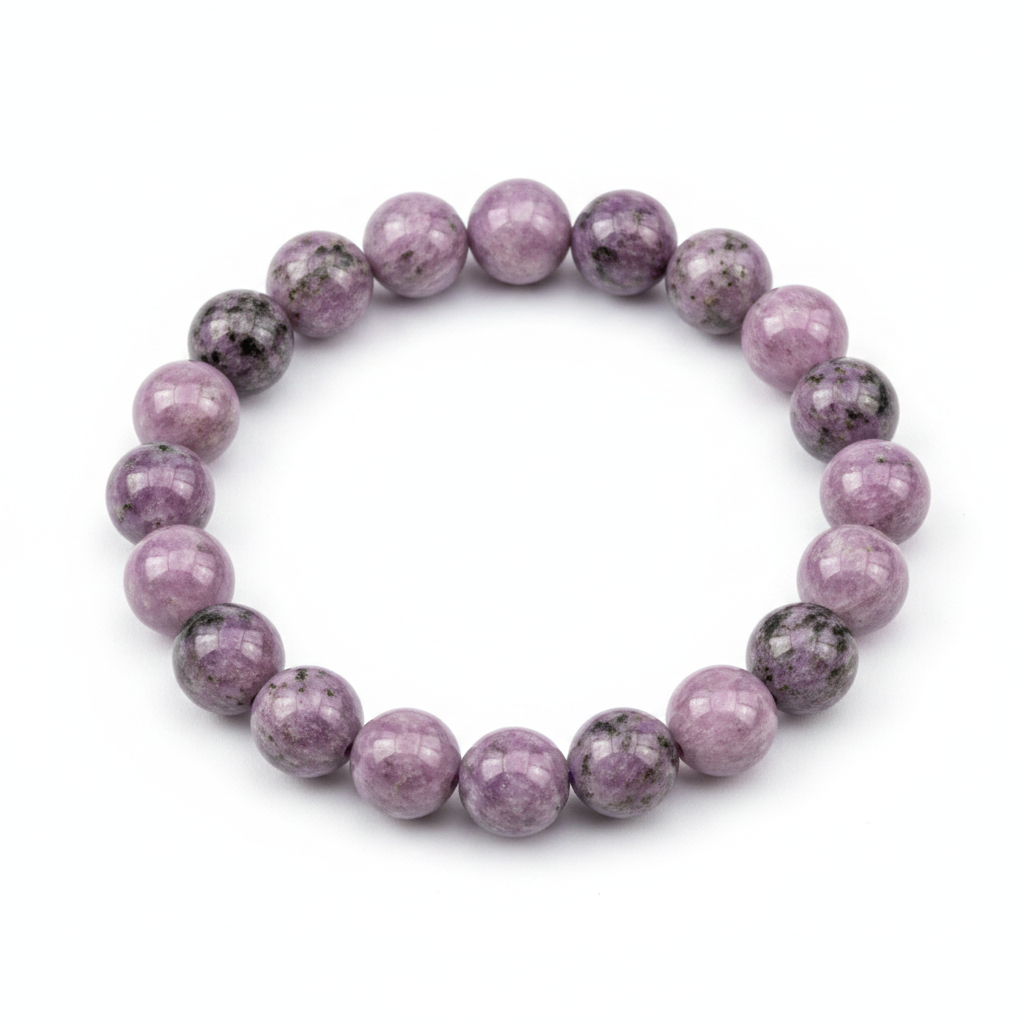 Natural Lepidolite 8mm stretch bracelet with lavender and purple beads on a white background