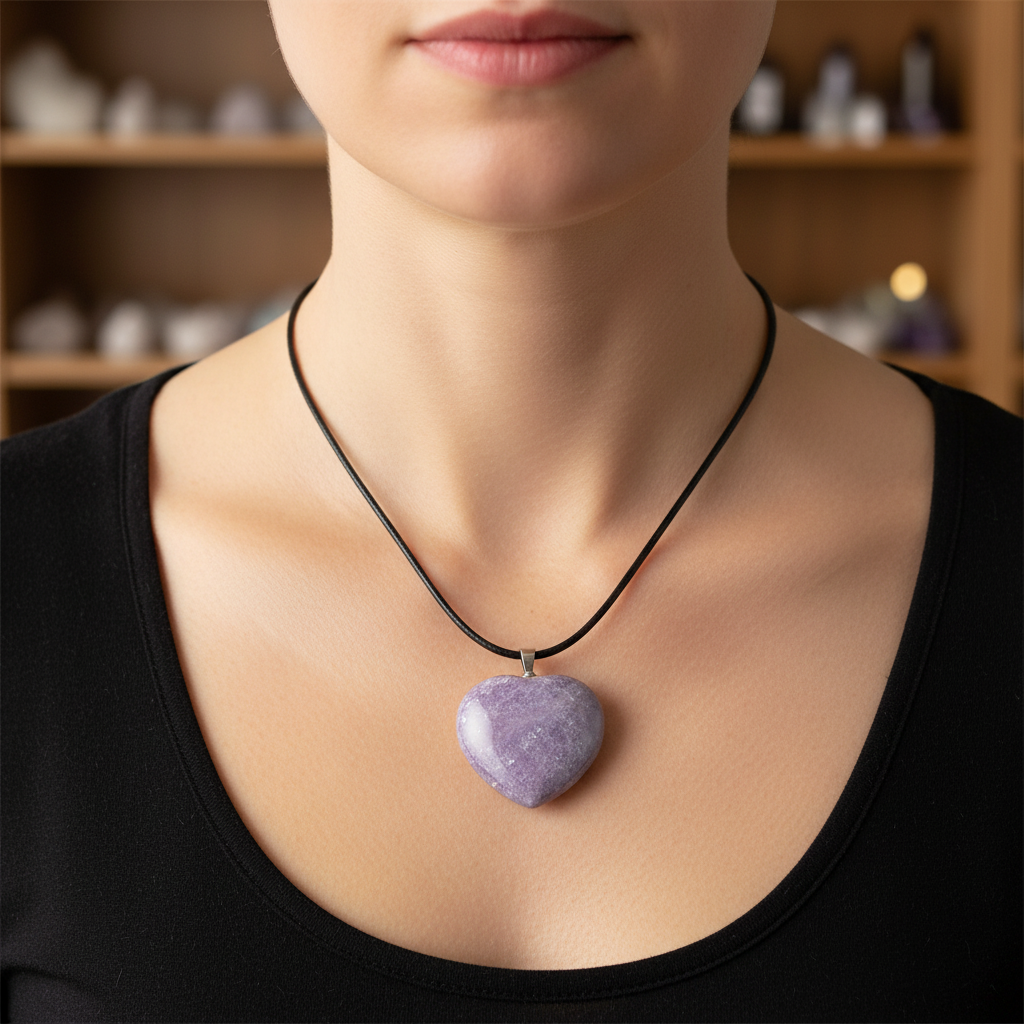 Lepidolite heart pendant styled with its chain in a lifestyle setting