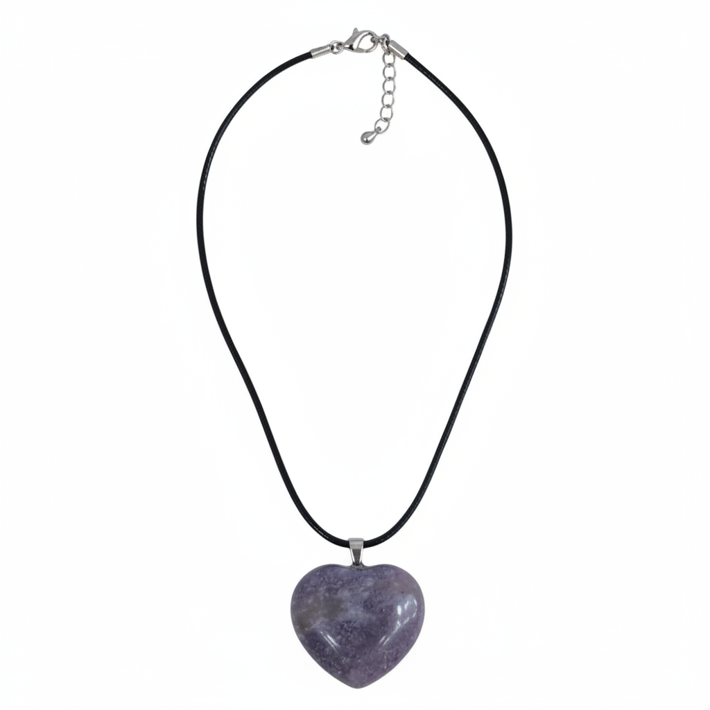Purple Lepidolite heart pendant with silver-tone bail and chain on a white background