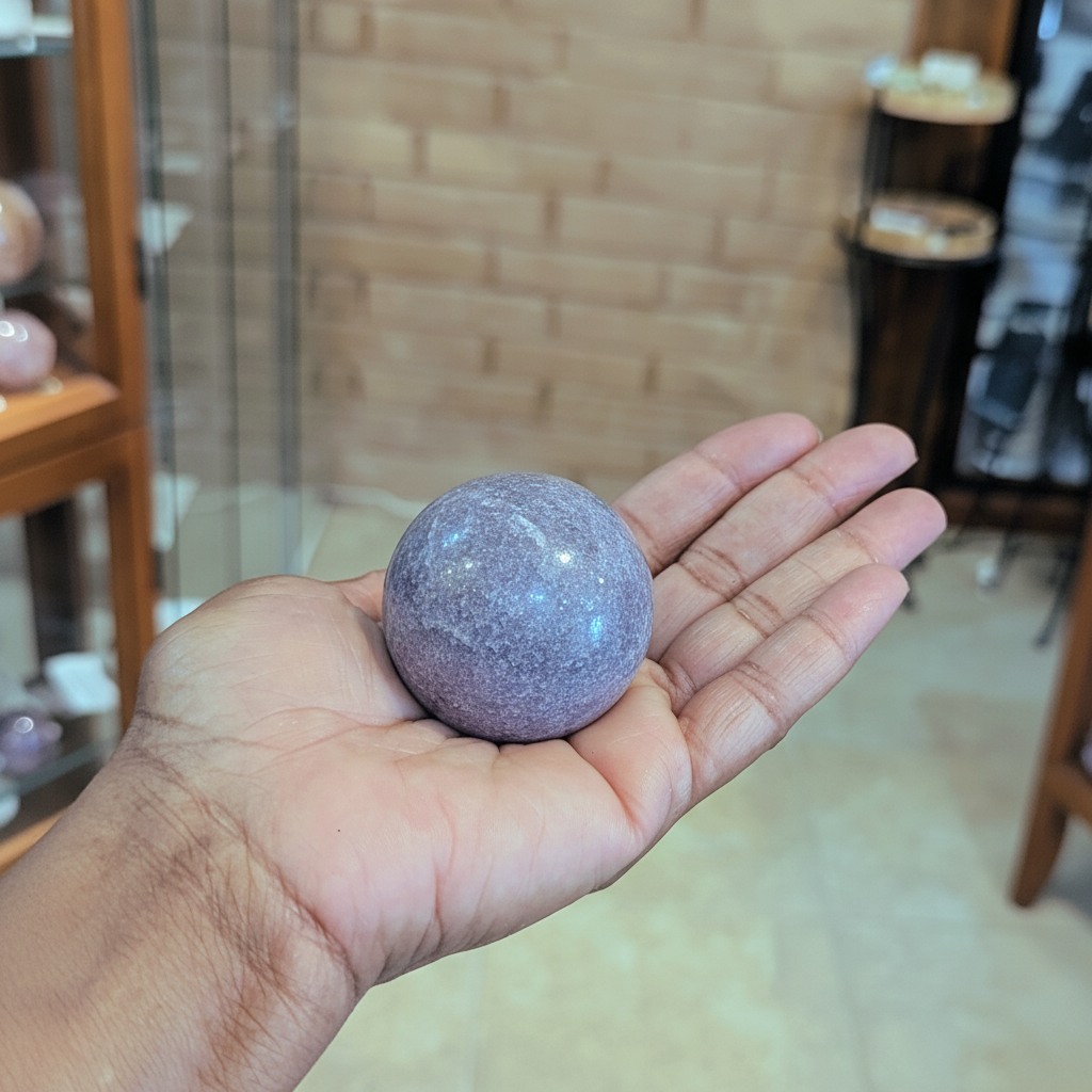 Polished lavender Lepidolite sphere, approximately 1.5–2 inches held in hand to show approximate scale