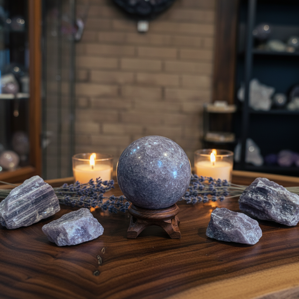 Polished lavender Lepidolite sphere, approximately 1.5–2 inches displayed in a calm styled setting