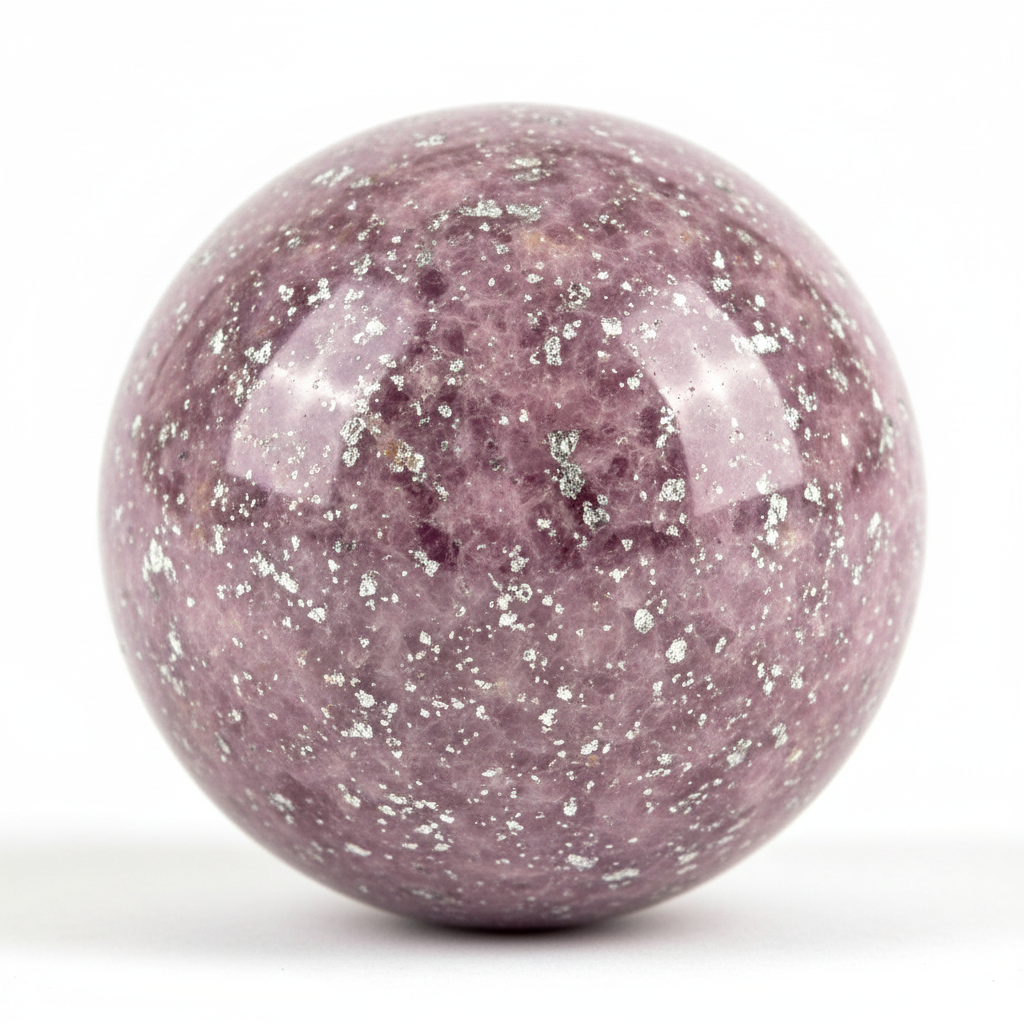 Polished lavender Lepidolite sphere, approximately 1.5–2 inches on a clean light background