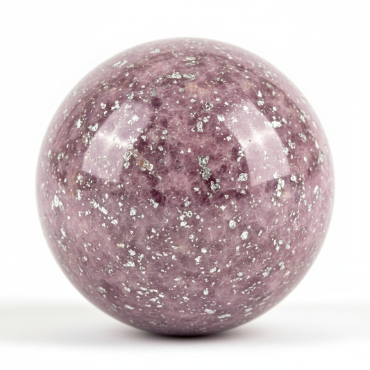 Polished lavender Lepidolite sphere, approximately 1.5–2 inches on a clean light background