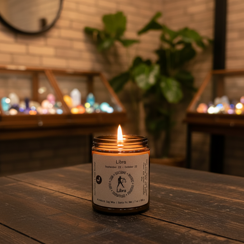 Lit Libra Zodiac Candle styled on a table in a warm lifestyle setting