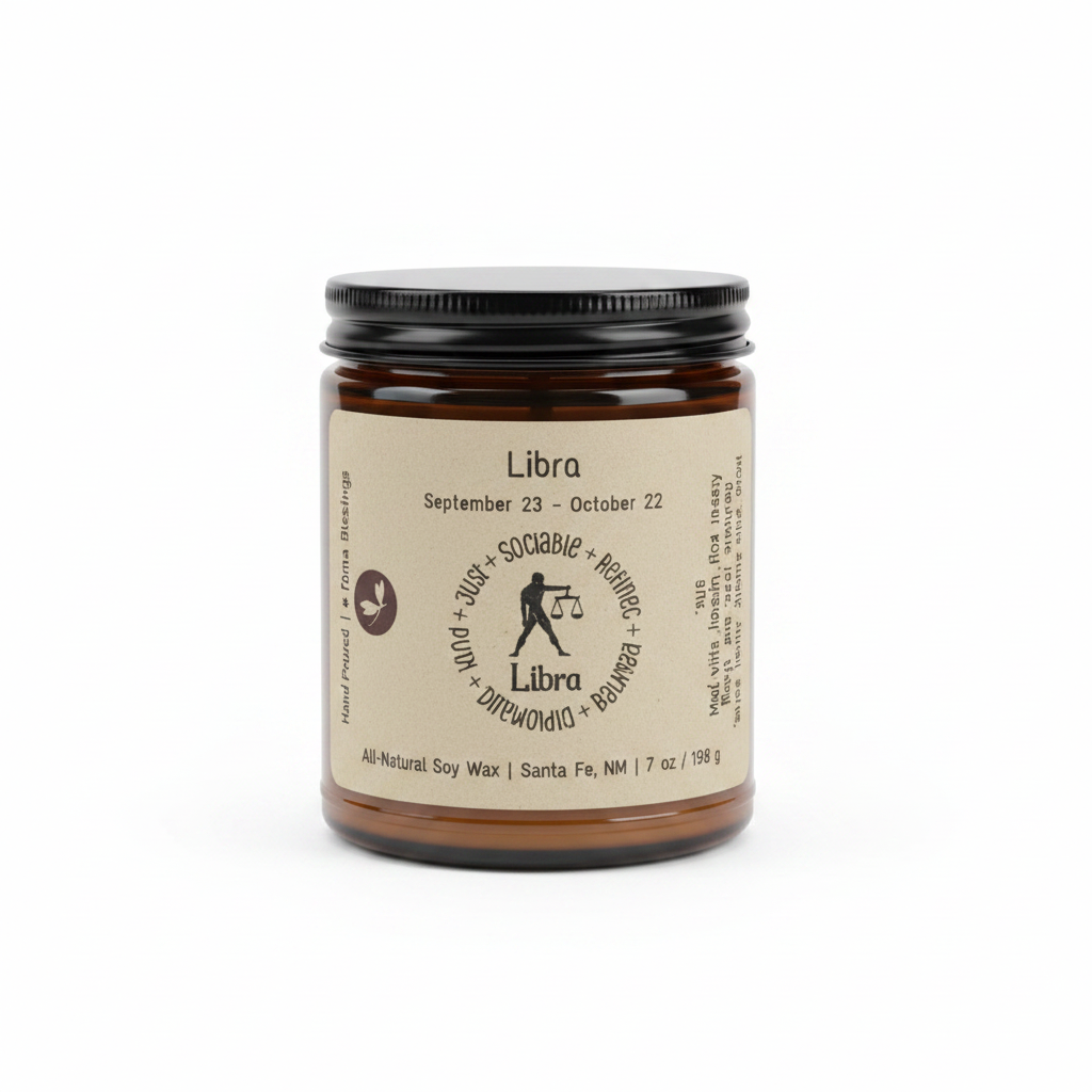 Libra Zodiac Candle in an amber 8 oz jar on a white background