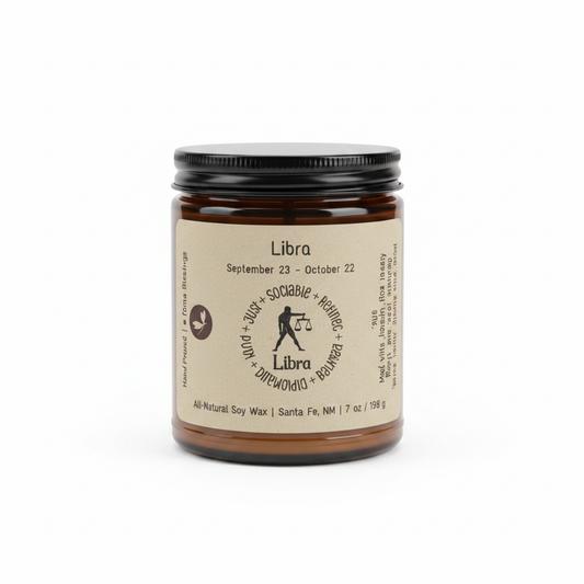 Libra Zodiac Candle in an amber 8 oz jar on a white background
