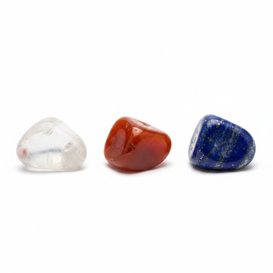Clear Quartz, Carnelian, and Lapis Lazuli Libra Zodiac Set on a white background.