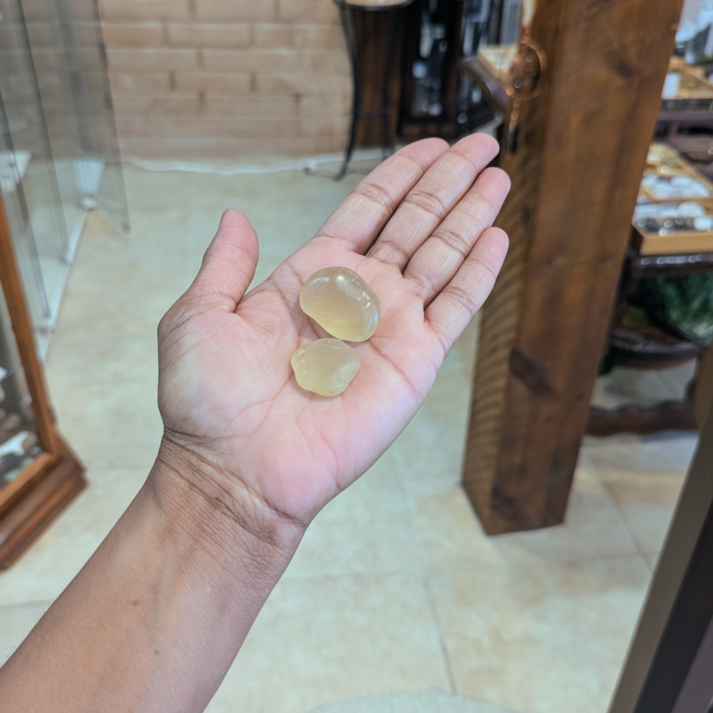 Libyan Desert Glass natural crystal held in hand to show approximate scale