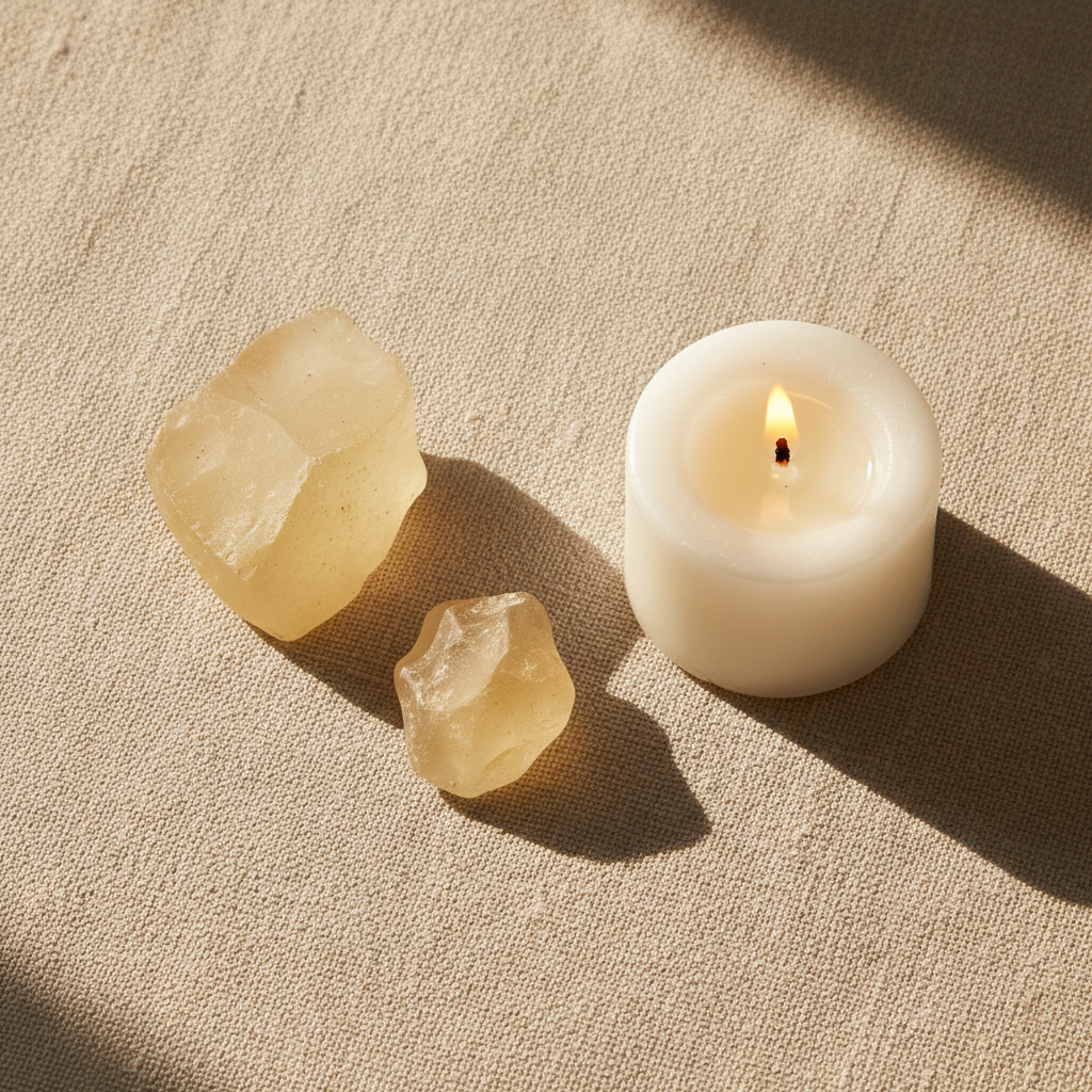 Libyan Desert Glass natural crystal displayed in a calm styled setting