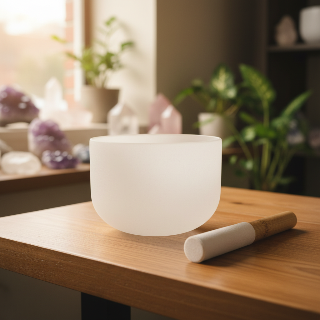 Soundtopia 13-inch frosted quartz crystal singing bowl displayed with its mallet