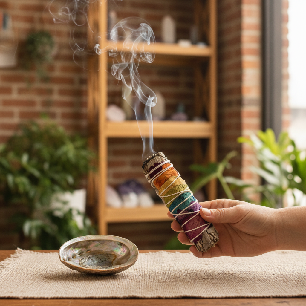 7 Chakra White Sage bundle smoldering in a styled ritual setting
