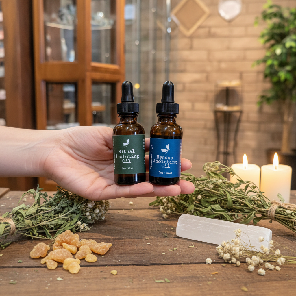 Sacred Ritual Anointing Oils bundle displayed in an intentional lifestyle setting