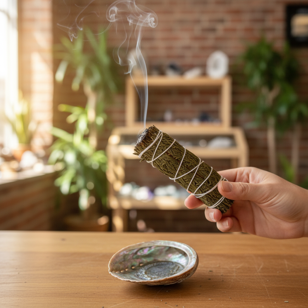 California Incense Cedar bundle smoldering in a styled setting