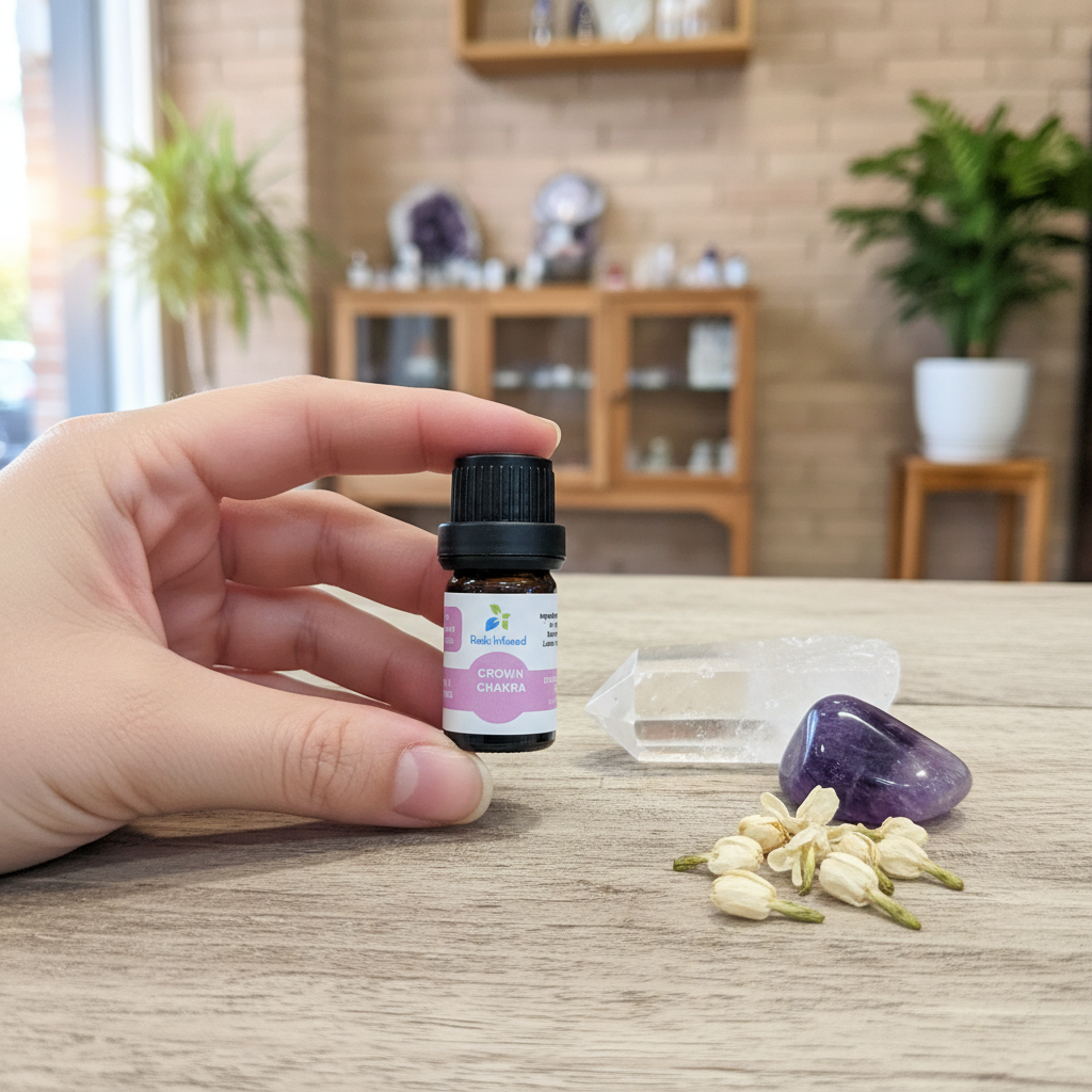 Crown Chakra Oil displayed in an intentional lifestyle setting