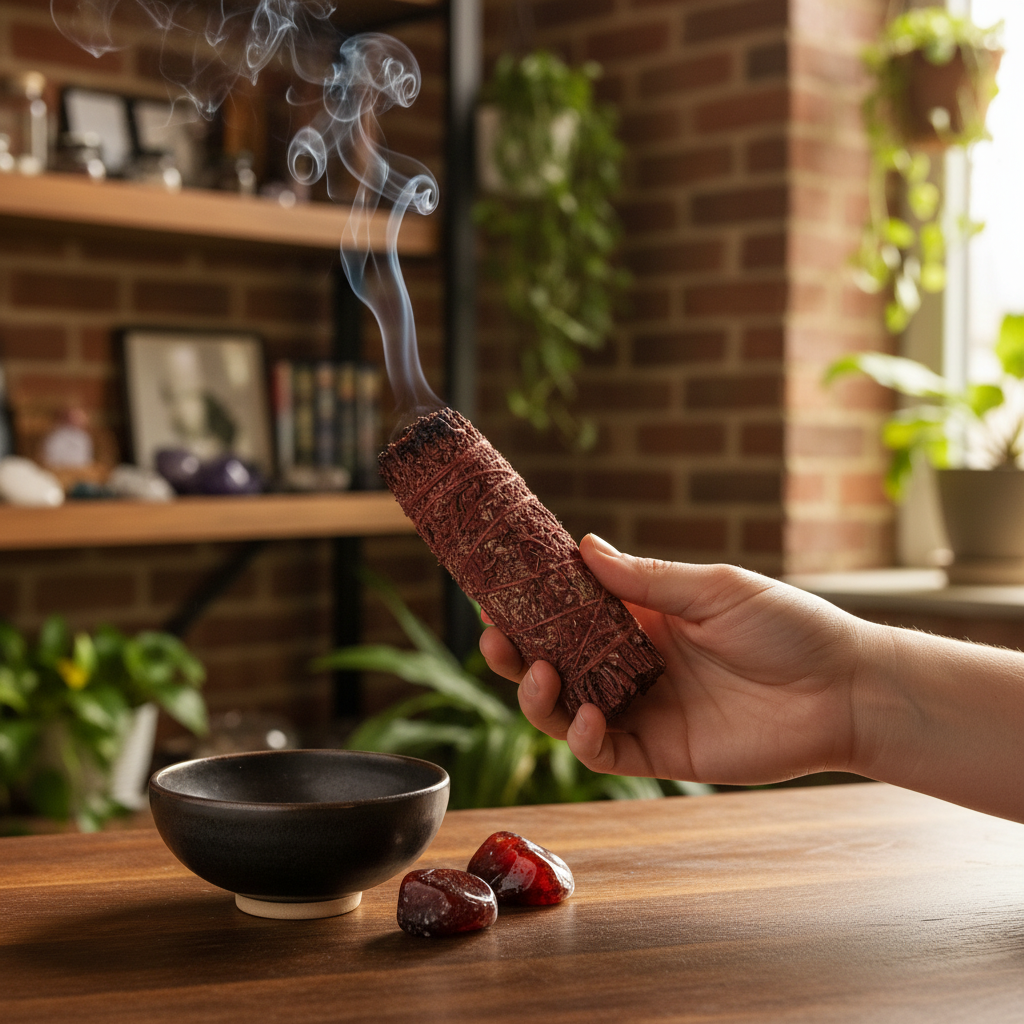 Dragon’s Blood and Mountain Sage bundle smoldering in a ritual setting