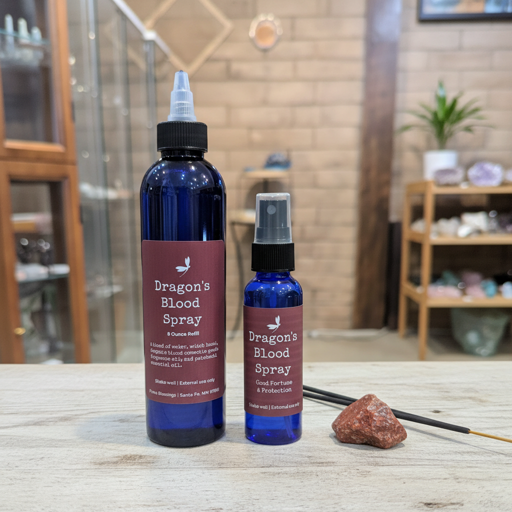 Dragon's Blood 8-ounce spray refill displayed with a 2-ounce misting bottle