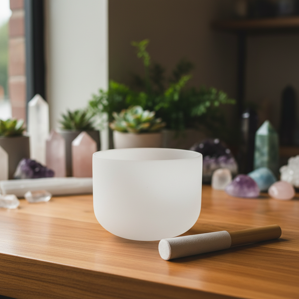Soundtopia 8-inch frosted quartz crystal singing bowl displayed with its mallet