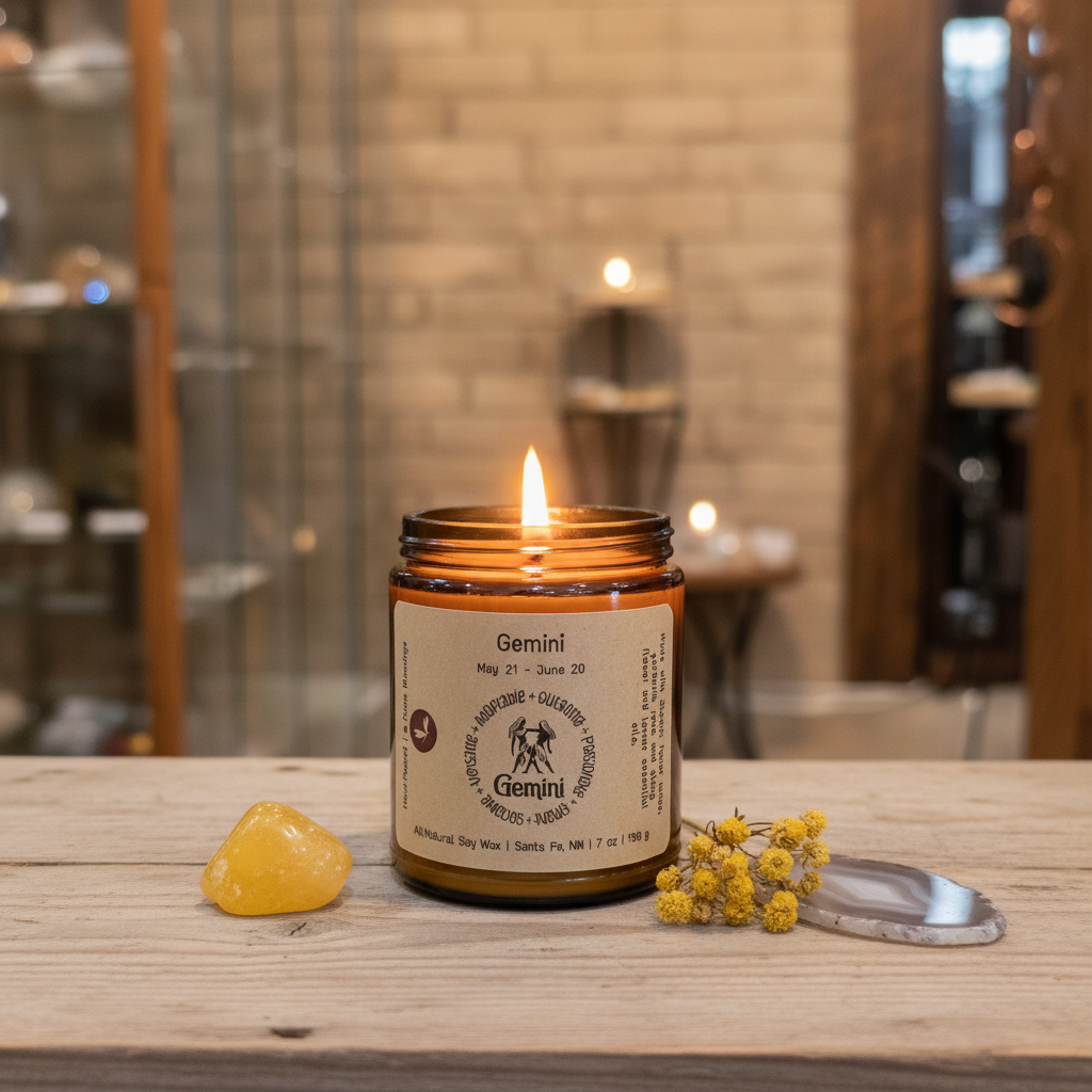 Lit Gemini Zodiac Candle styled in a warm lifestyle setting