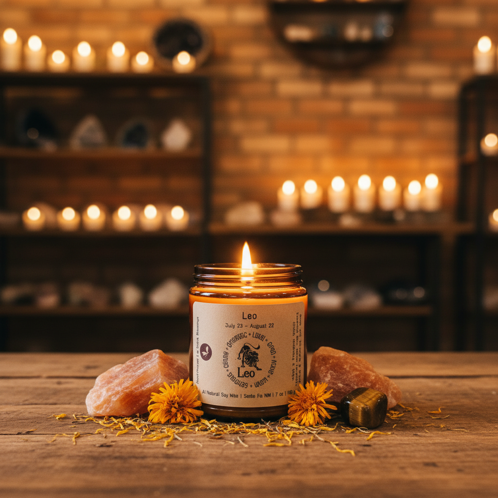 Lit Leo Zodiac Candle styled in a warm lifestyle setting