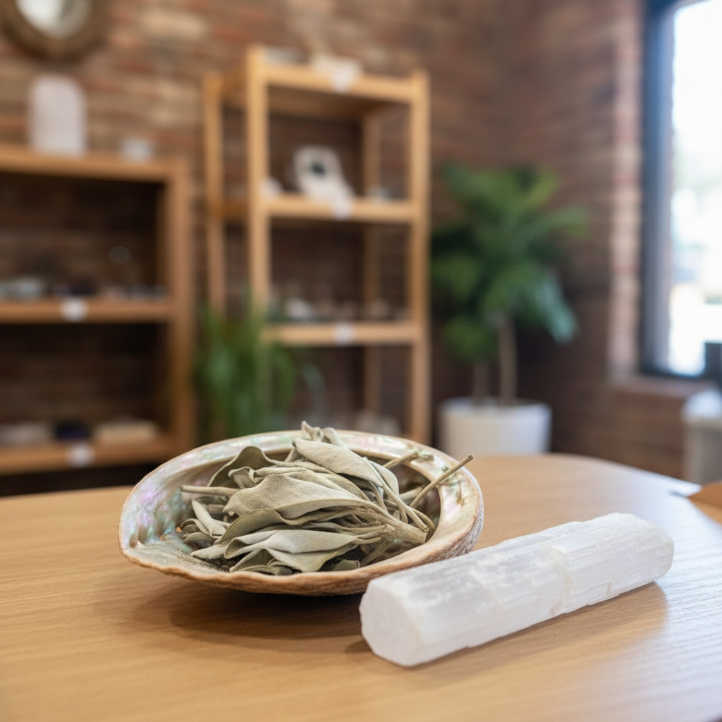 Loose White Sage whole leaf arranged in an abalone shell