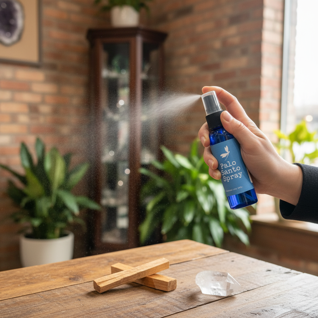 Palo Santo spray misting into the air in a calm indoor setting