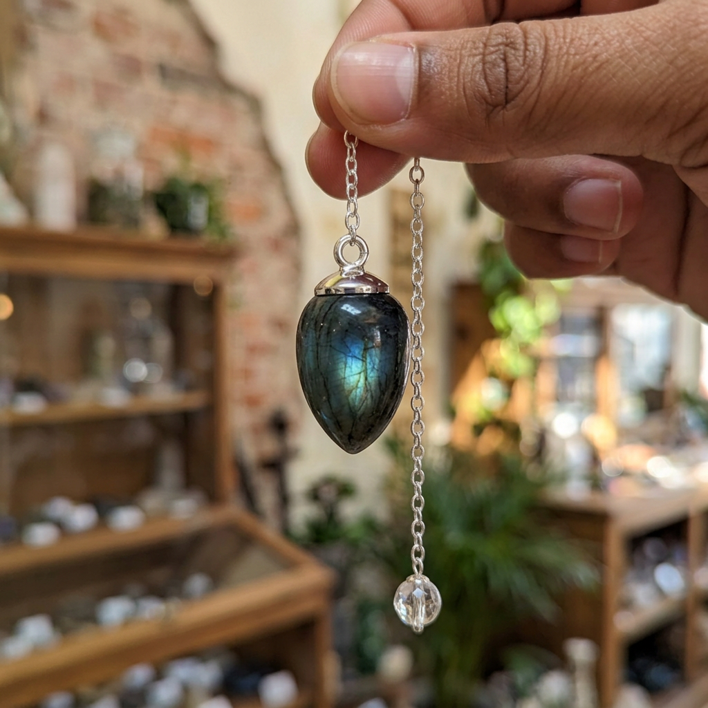 Hand holding the small Labradorite Spectrolite pendulum in a crystal shop