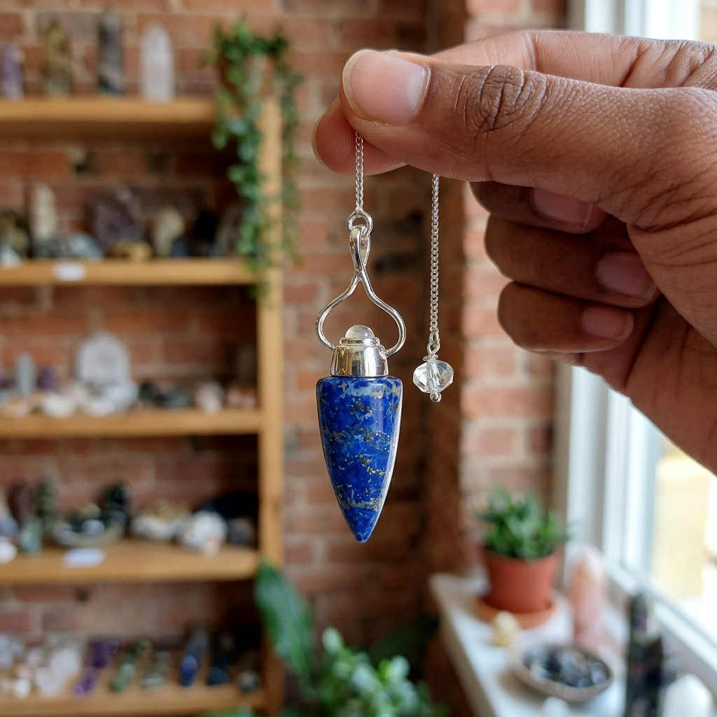 Hand holding the Lapis Lazuli and Moonstone pendulum in a crystal shop