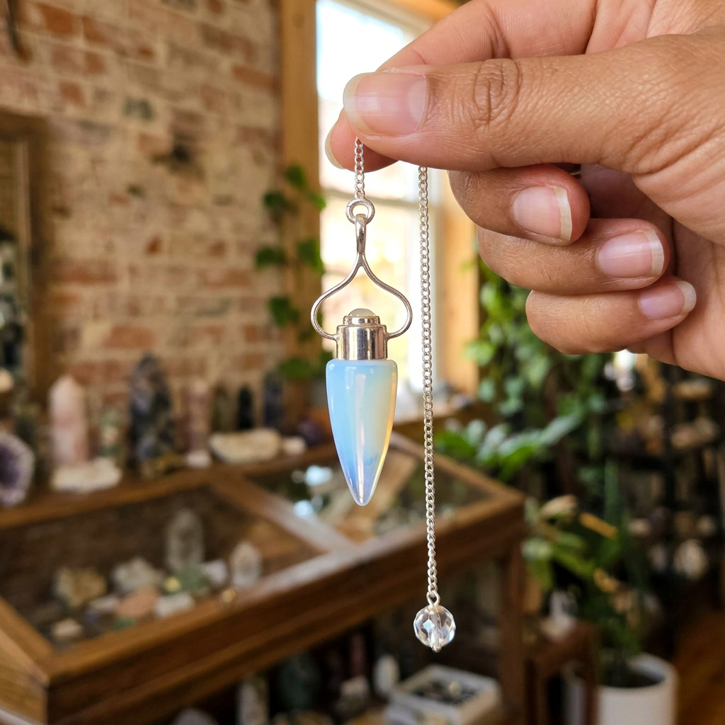 Hand holding the Opalite and Amethyst pendulum in a crystal shop
