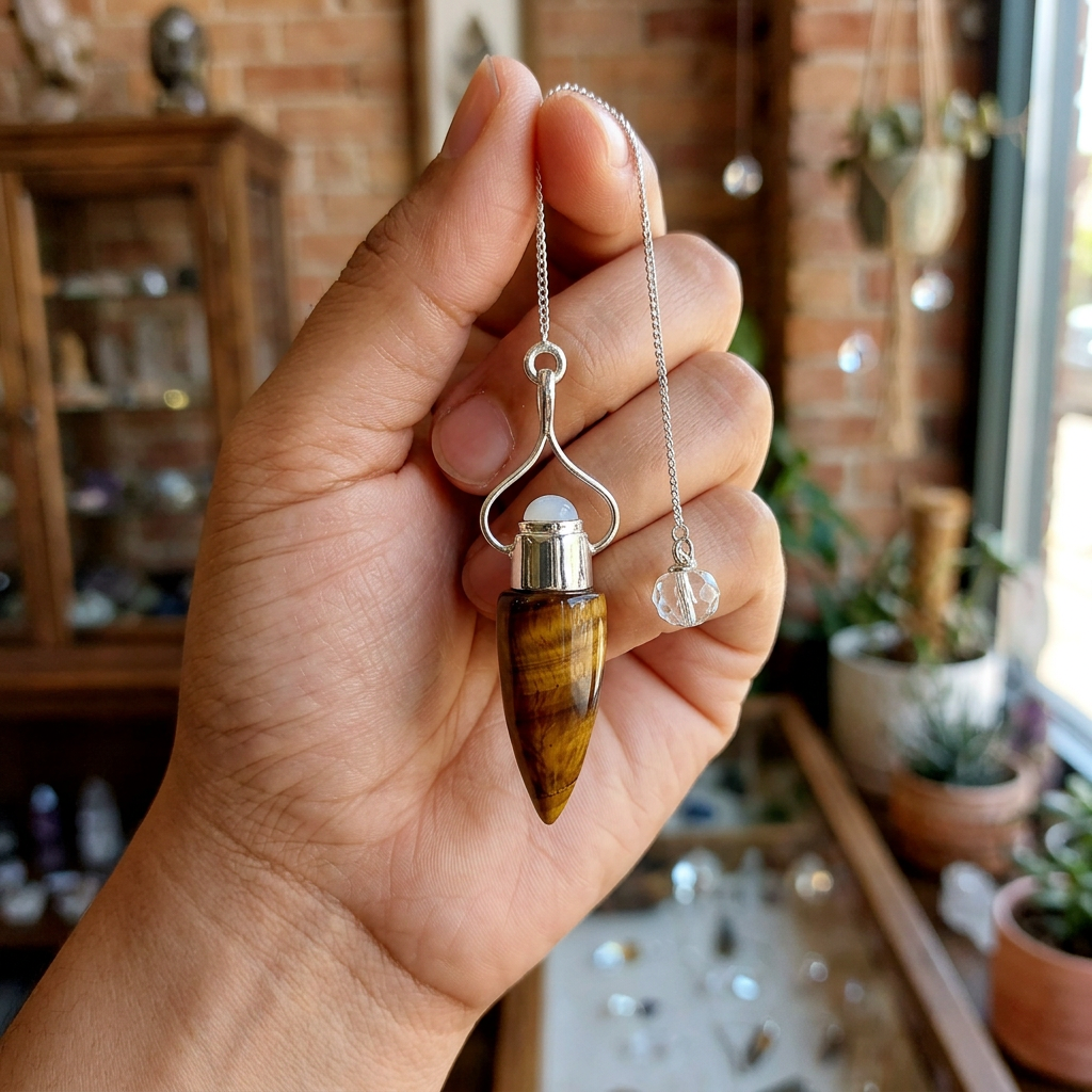Hand holding the Tiger’s Eye and Rainbow Moonstone pendulum in a crystal shop