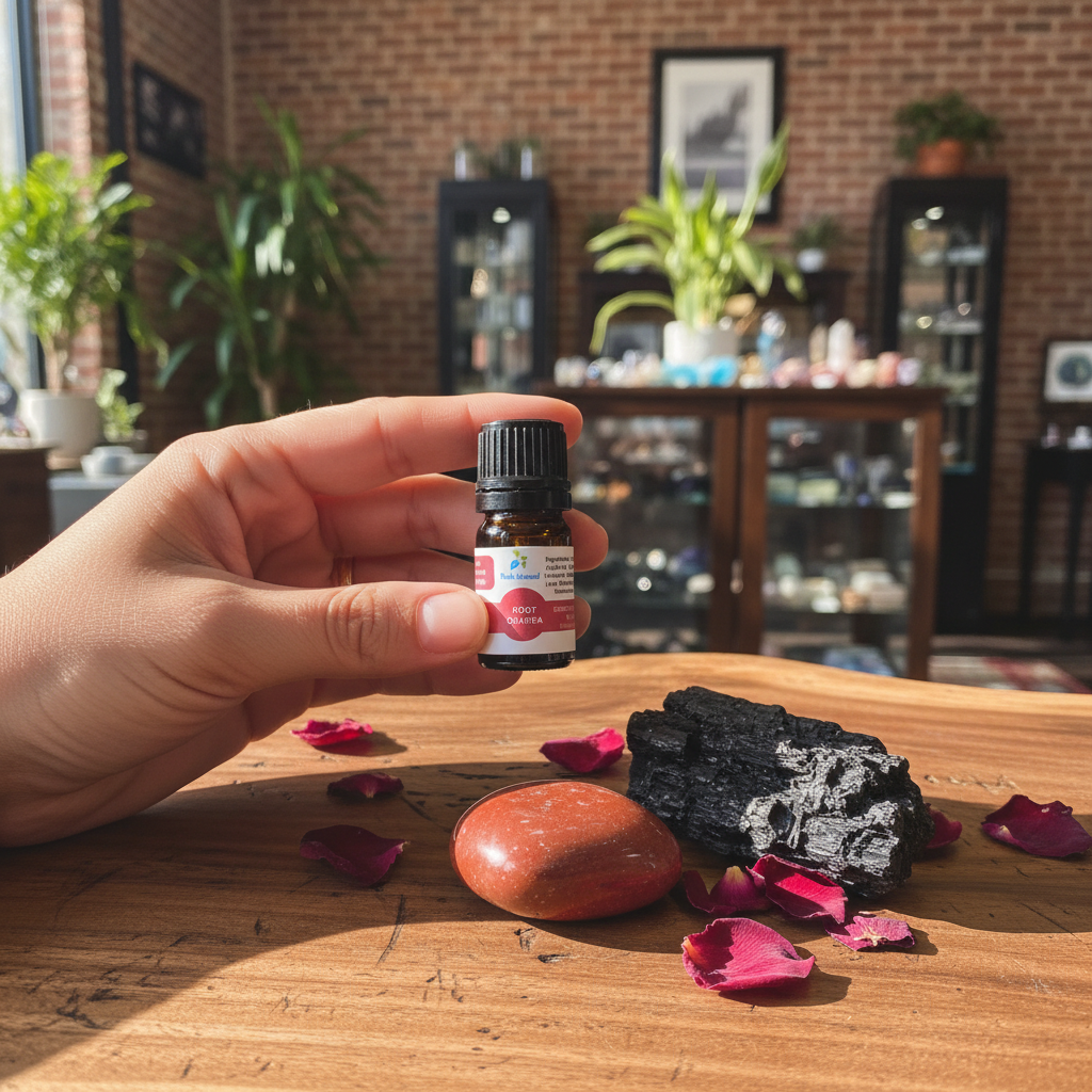 Root Chakra Oil displayed in an intentional lifestyle setting