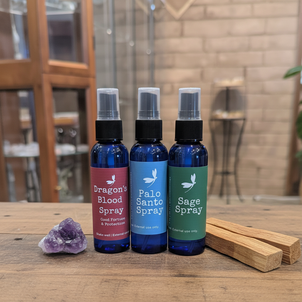 Dragon's Blood, Palo Santo, and Sage bottles arranged as the Sacred Spray Bundle