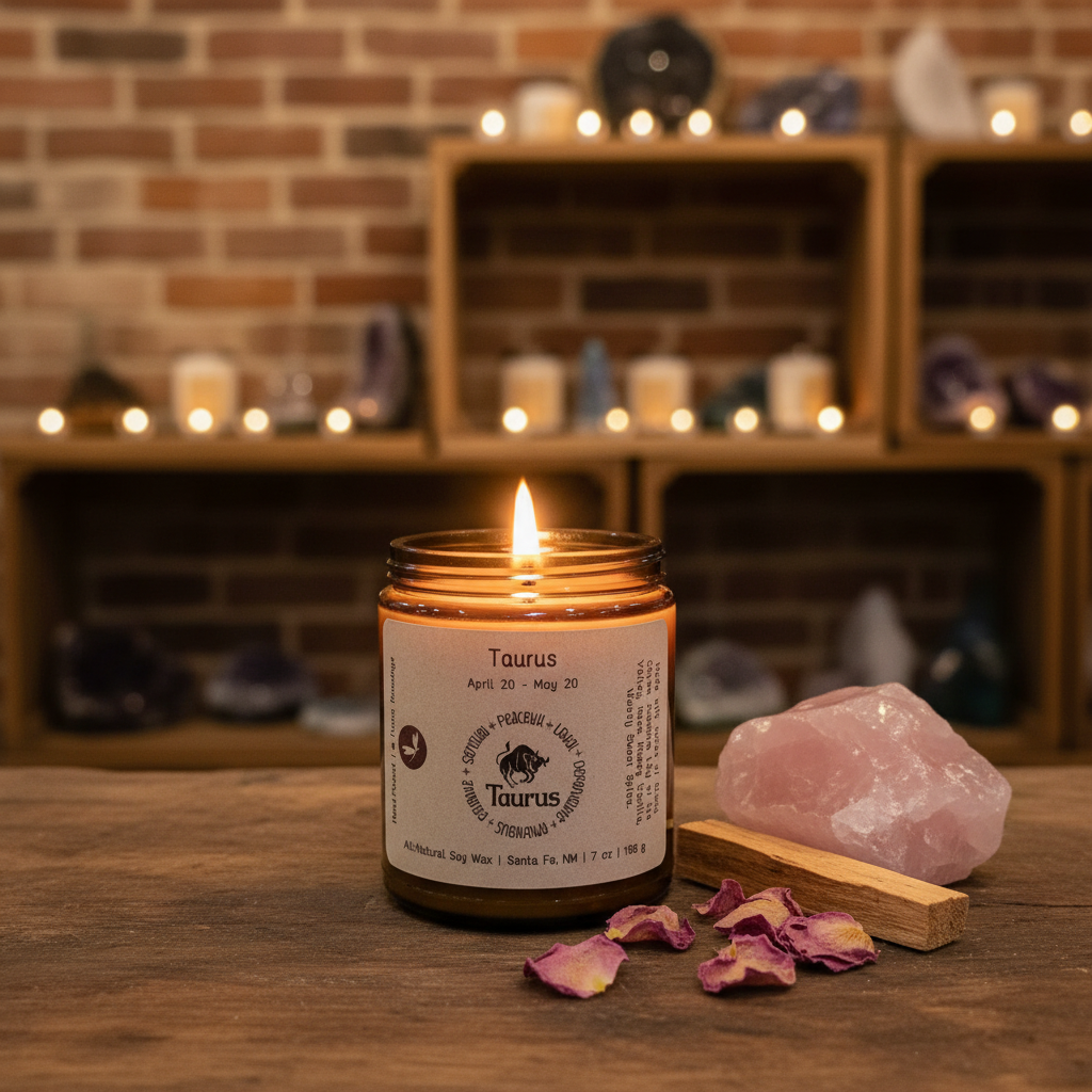 Lit Taurus Zodiac Candle styled in a warm lifestyle setting