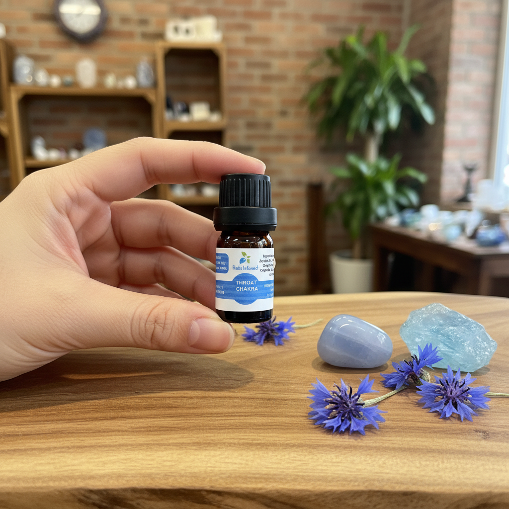 Throat Chakra Oil displayed in an intentional lifestyle setting