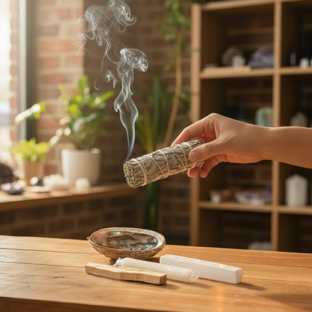 White Sage cleansing kit arranged with Selenite in a styled setting