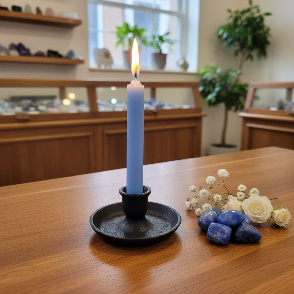 Light blue 4-inch ritual chime candle displayed in a black cast iron holder