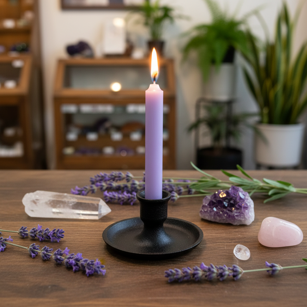Lilac 4-inch ritual chime candle displayed in a black cast iron holder