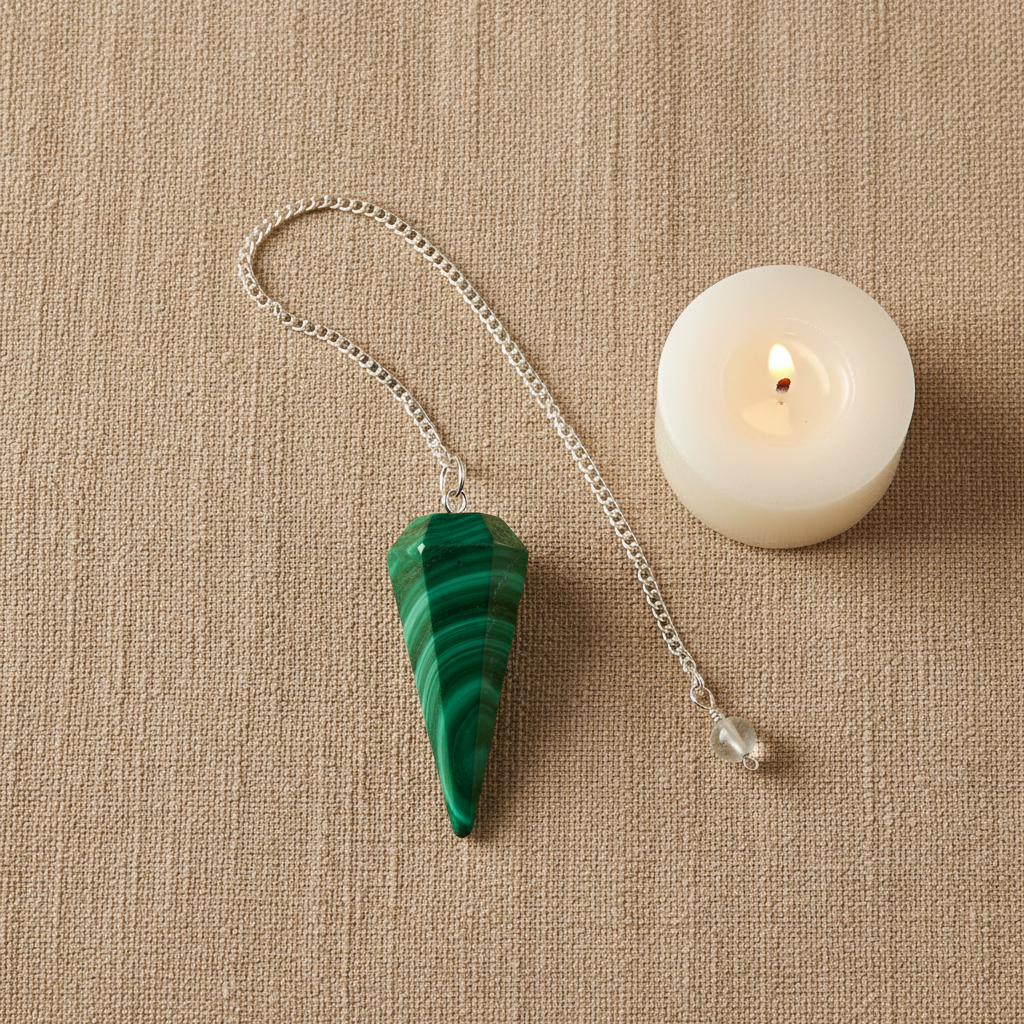 Banded green Malachite pendulum and chain arranged flat