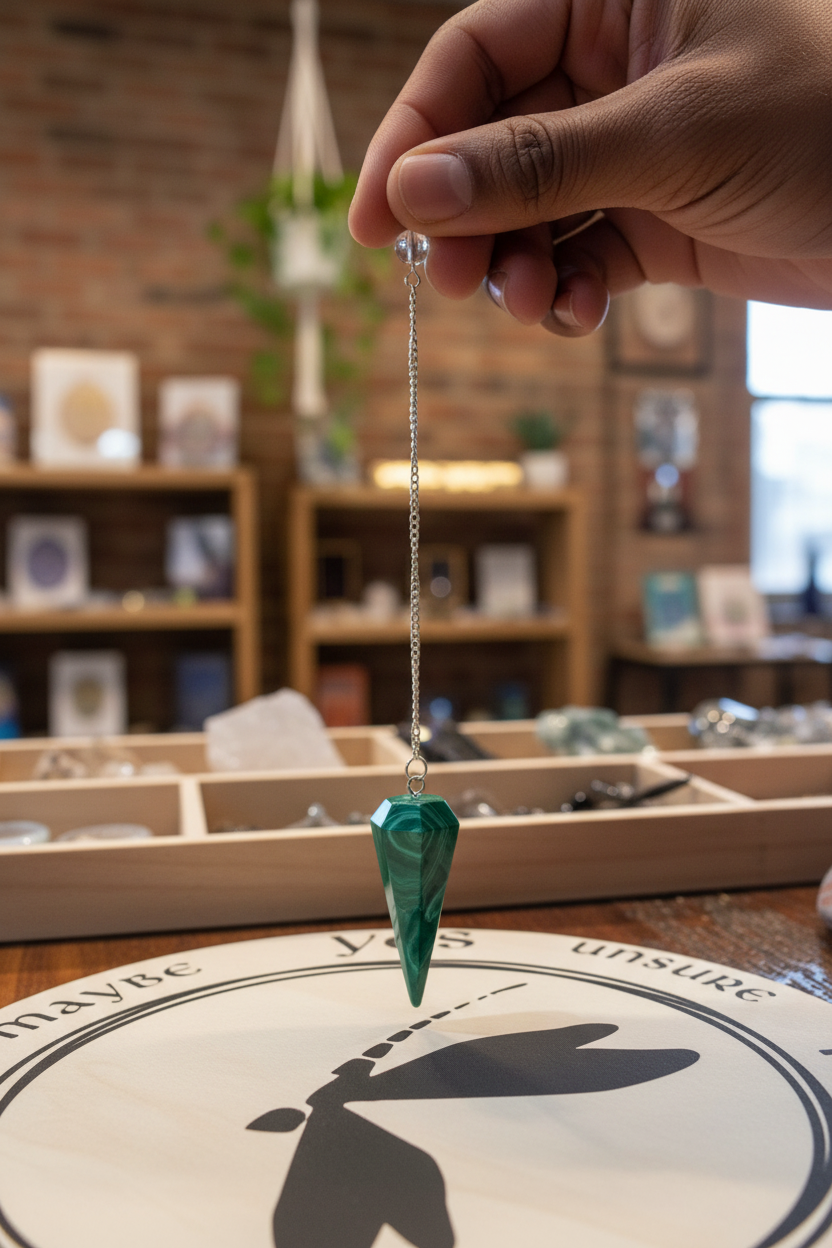 Malachite pendulum held by its chain for scale