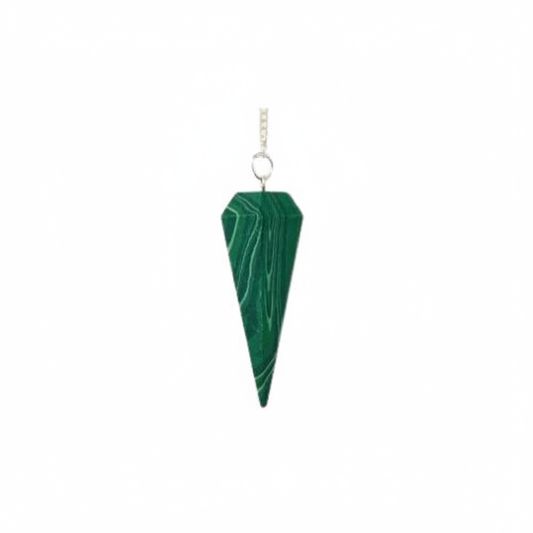 Natural Malachite crystal pendulum on a white background